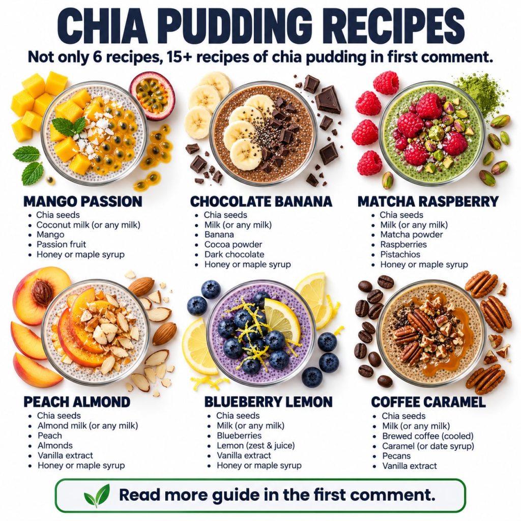 Six different chia pudding bowls arranged in a grid each with a different flavor profile berries mango matcha chocolate 