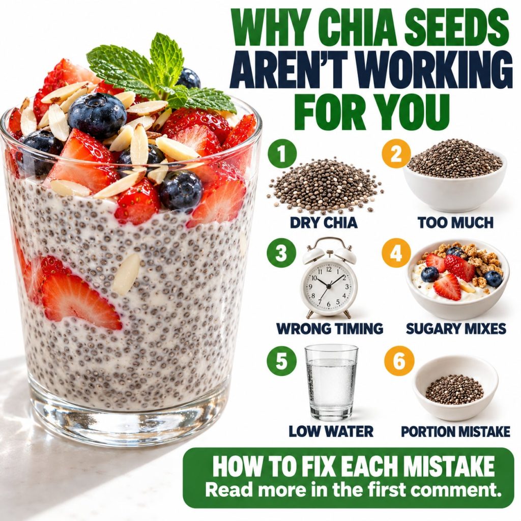 A split image showing a glass of chia pudding with berries on one side and a grid of common chia seed mistakes dry seeds