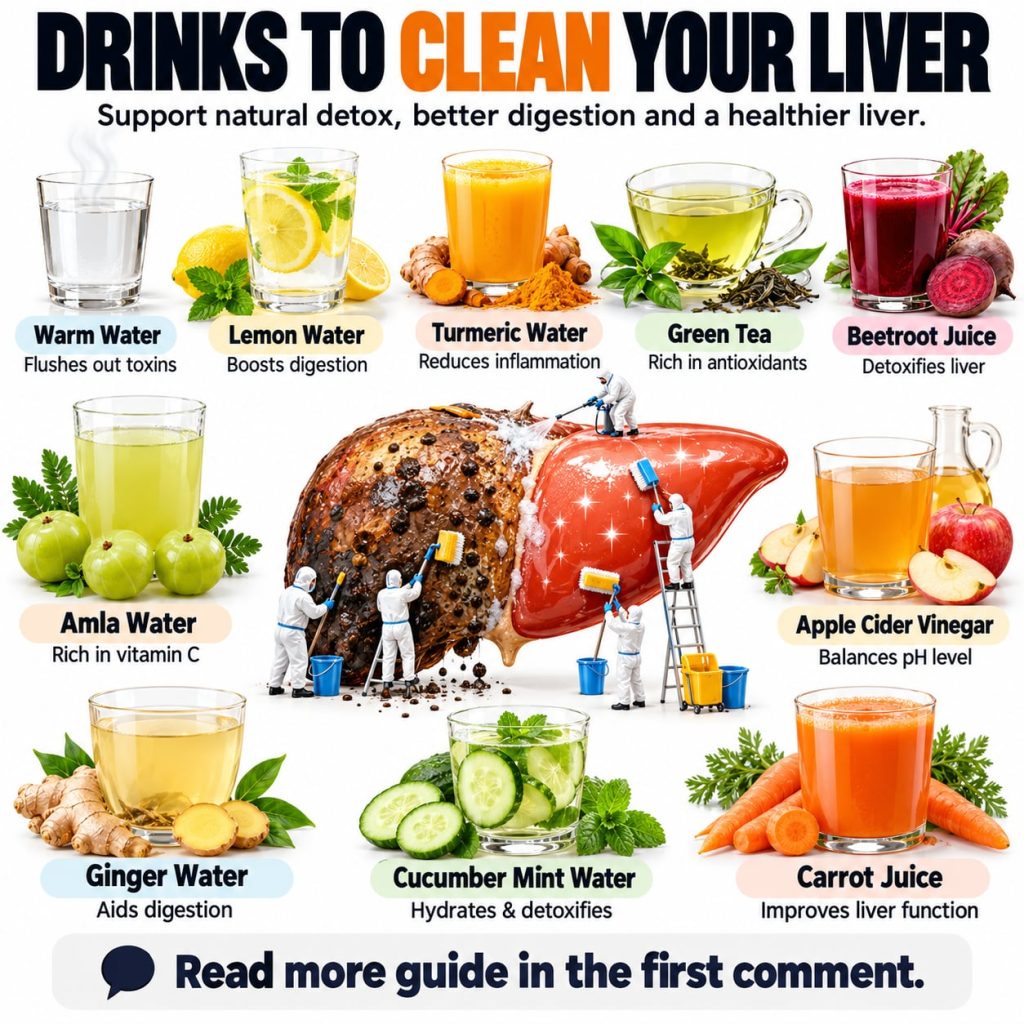 Infographic showing 10 drinks that support liver health with a stylized liver depicted as half dirty and half clean and