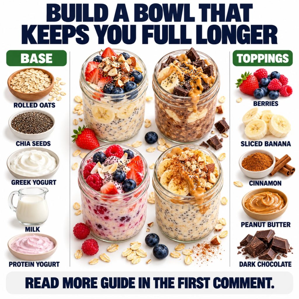 A variety of colorful healthy bowls in glass jars featuring bases like oats and yogurt topped with fresh berries nuts se