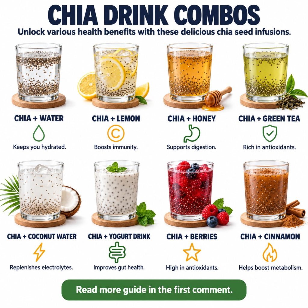 An infographic showcasing eight different chia seed drink combinations each in a clear glass on a wooden coaster Labels 