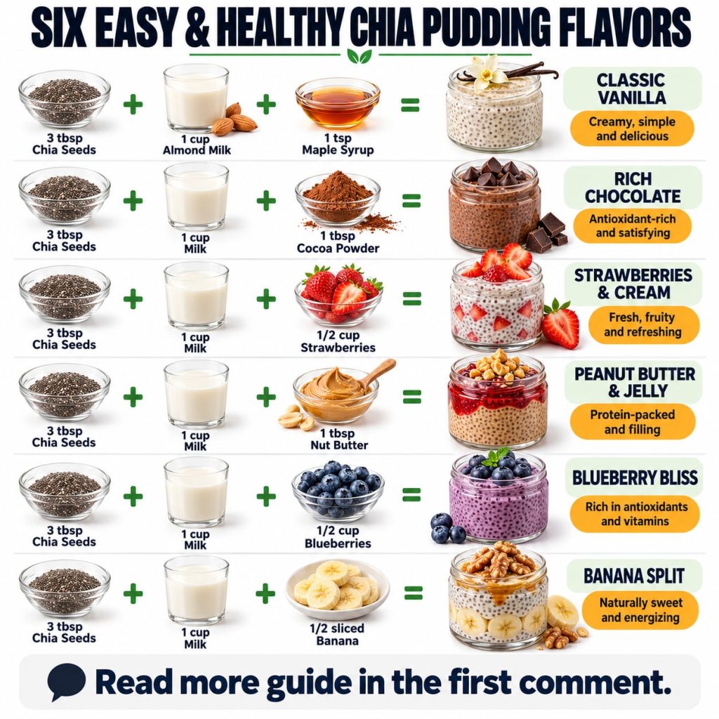 An infographic showing 6 different chia pudding flavors with their ingredients and finished puddings in glass jars