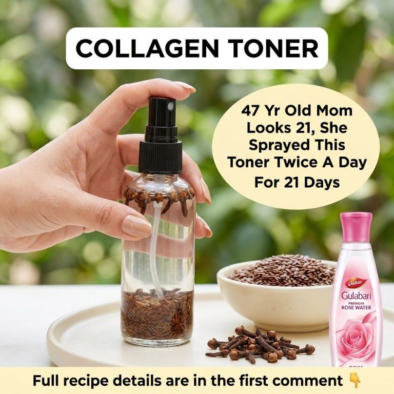 Ingredients for a DIY collagen toner including cloves flax seeds and rose water arranged with a finished spray bottle an