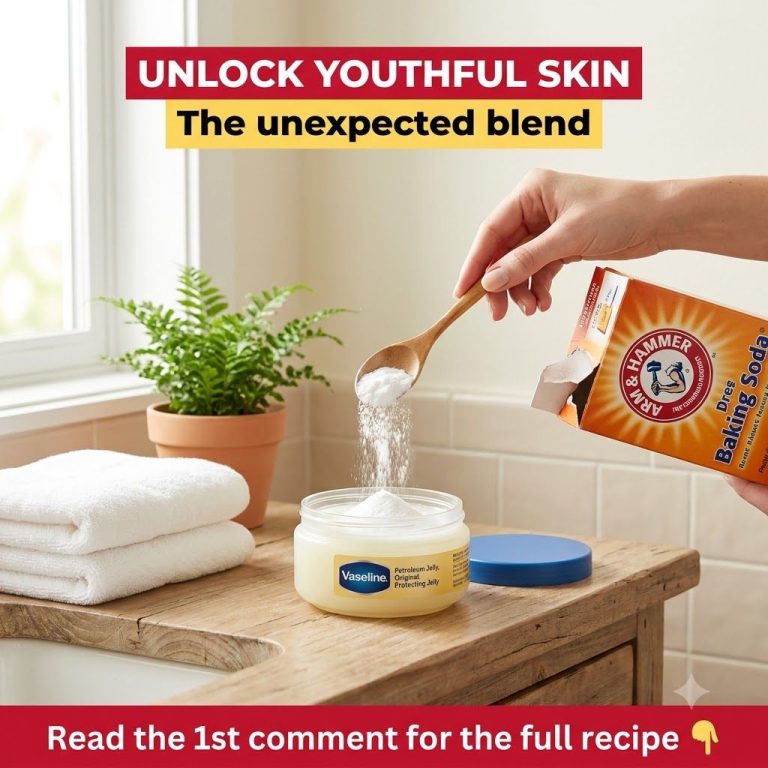 A small clear glass jar of Vaseline next to a bowl of white baking soda with a small spoon suggesting a DIY mix The back