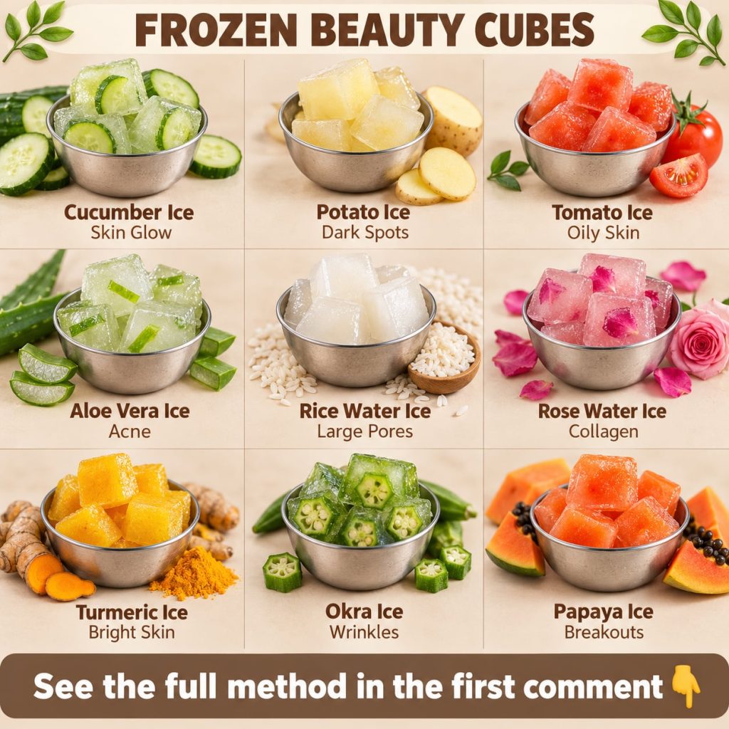 Assortment of colorful frozen beauty cubes made from natural ingredients like green tea aloe vera and rose water placed