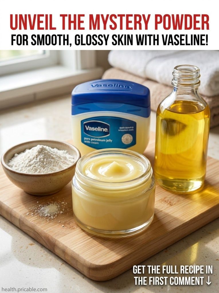 Ingredients for a homemade beauty balm a small jar of Vaseline a bottle of sweet almond oil and a bowl of fine white pow