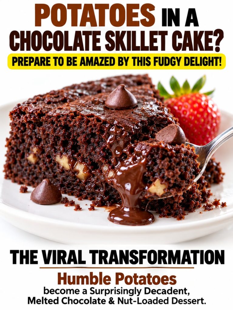 A close-up of a rich fudgy chocolate skillet cake in a cast iron pan generously topped with melted chocolate and chopped