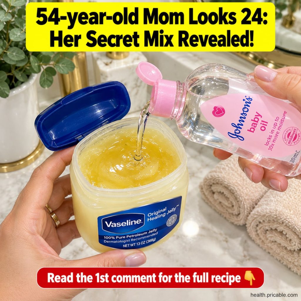 A woman gently massaging the Vaseline and baby oil mix onto her face showing a soft glowing complexion