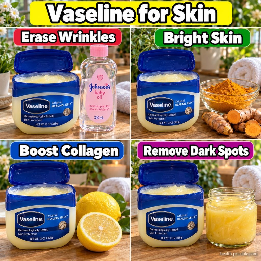 A small clear glass jar filled with a creamy pale yellow balm with a tub of Vaseline a bottle of almond oil and a jar of