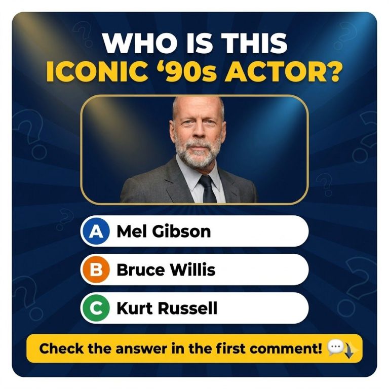 A social media quiz image featuring a prominent photograph of actor Bruce Willis with the question WHO IS THIS ICONIC 90