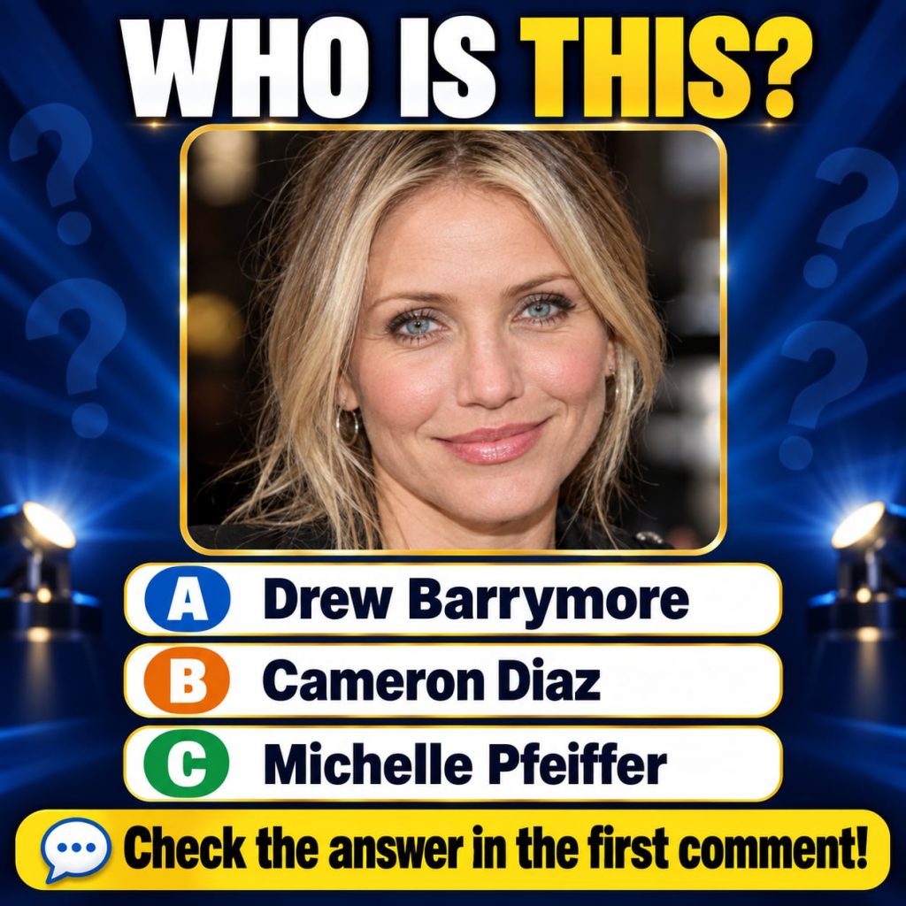 A brightly colored digital celebrity quiz featuring a headshot of American actress Cameron Diaz framed in gold Text abov