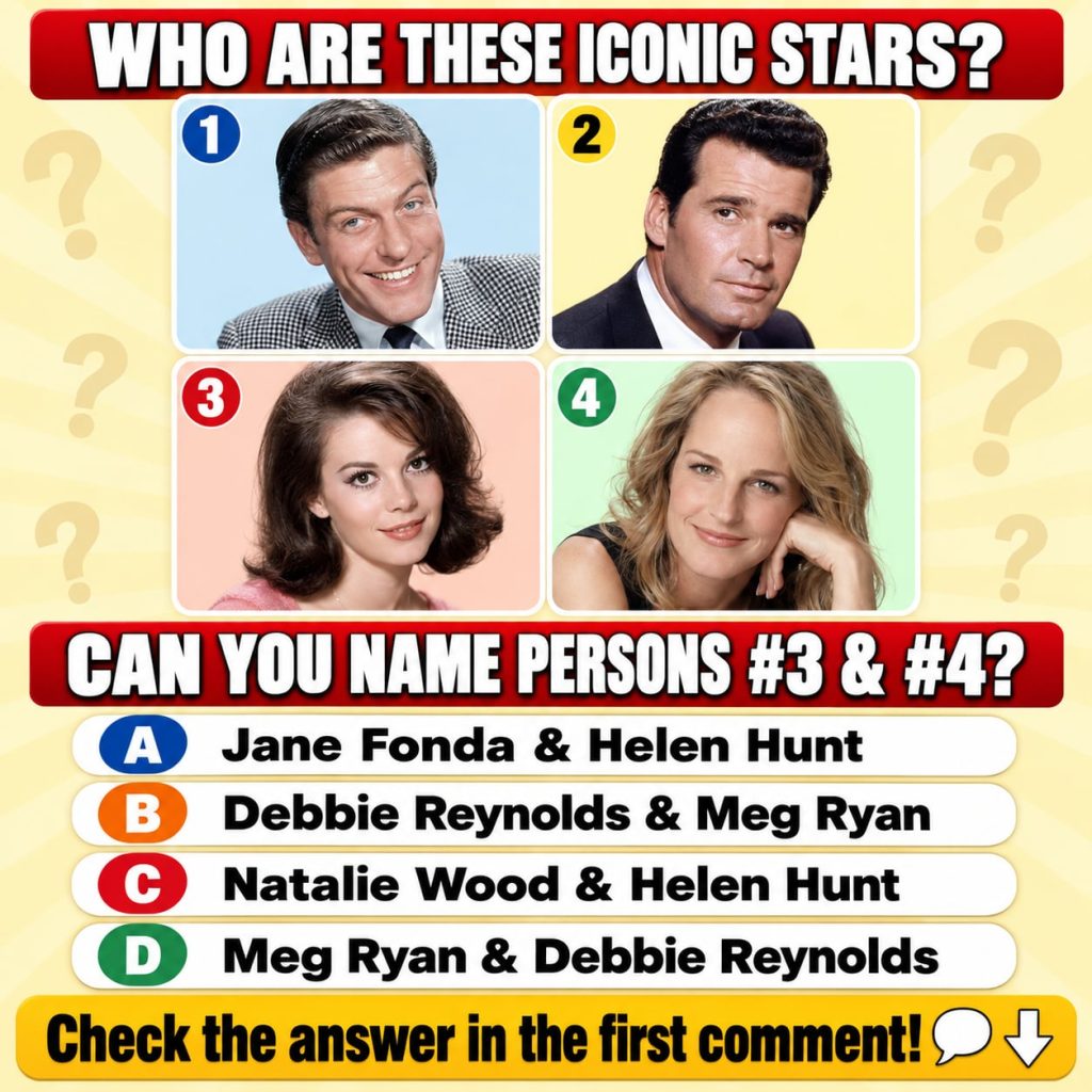 A brightly colored quiz graphic for social media featuring a grid of four headshots of iconic stars numbered 1-4 A banne