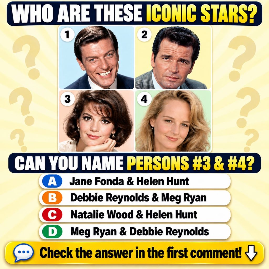 A vibrant pop culture trivia quiz with four celebrity headshots in a grid featuring a question asking WHO ARE THESE ICON