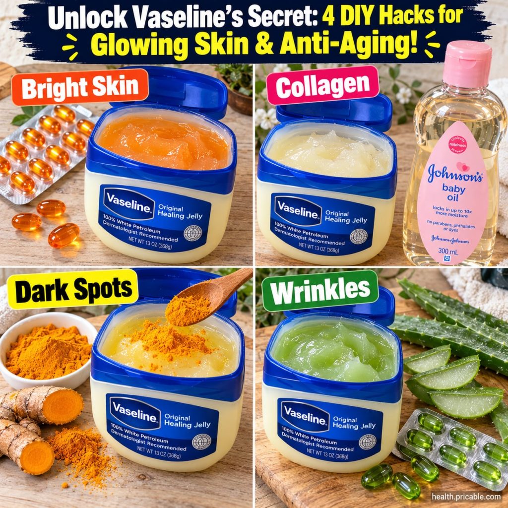 A close-up of a jar of Vaseline petroleum jelly surrounded by various natural ingredients like honey coffee grounds aloe