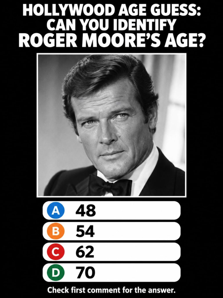 A dashing Roger Moore in his 40s looking suave and debonair typical of his leading man roles from the 1970s