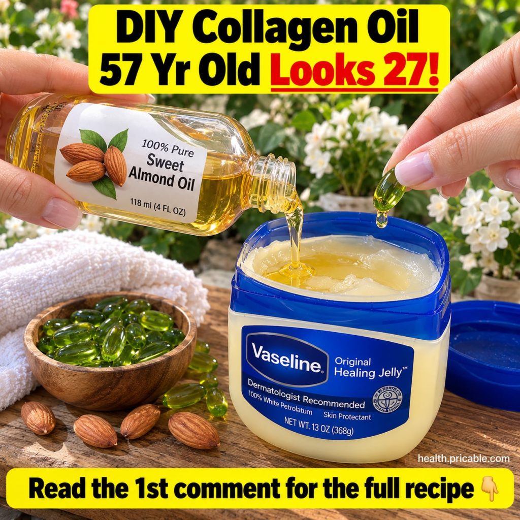 Ingredients for DIY collagen oil a jar of Vaseline a bottle of almond oil and a bottle of vitamin E oil arranged neatly 