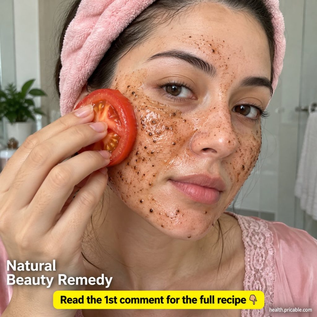 A close-up of a halved ripe tomato next to a small bowl of honey and a sliced lemon with fresh glowing skin in the backg