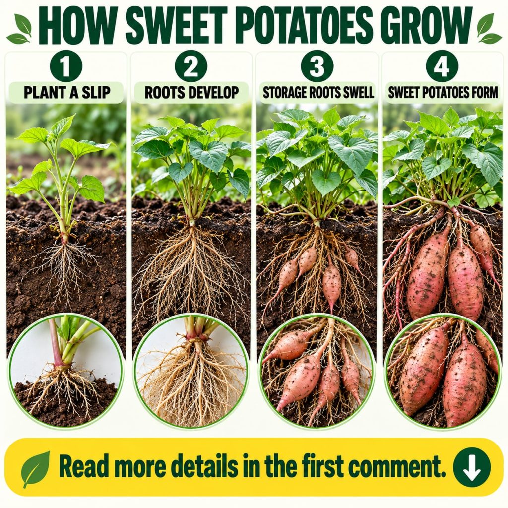 An infographic showing the four stages of sweet potato growth Plant a Slip Roots Develop Vine Grows and Sweet Potatoes F