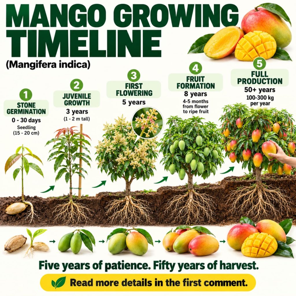 Infographic detailing the mango growing timeline from germination to harvest showing various stages of tree growth and f