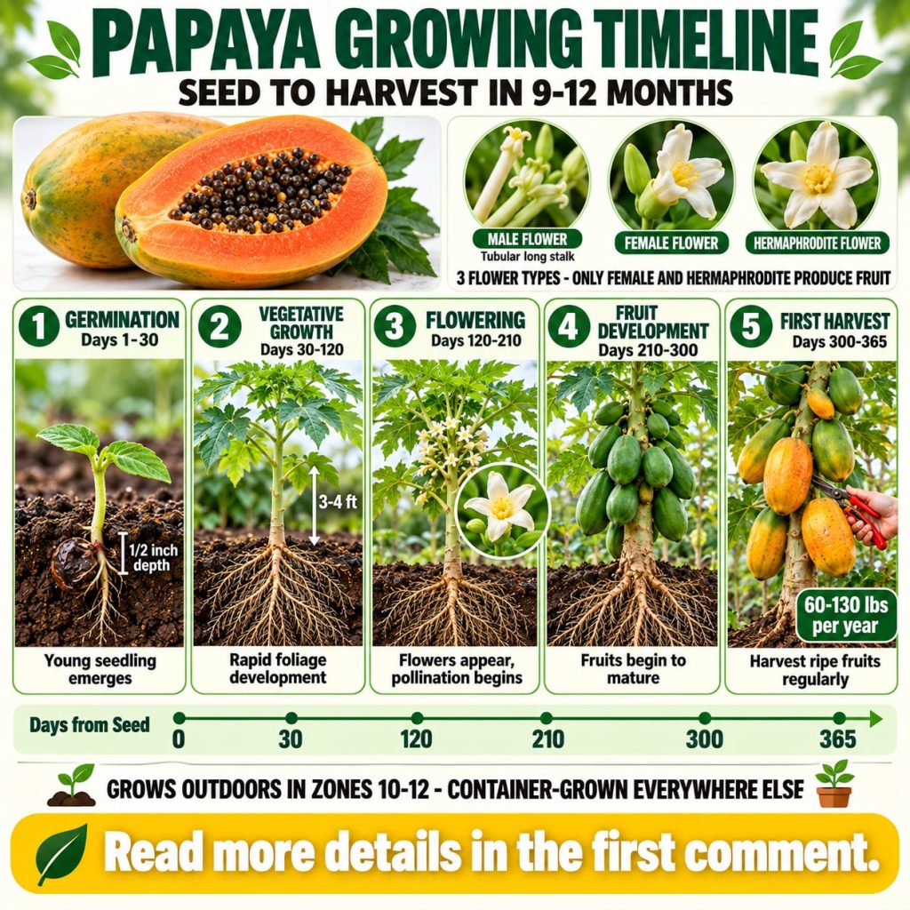An infographic titled PAPAYA GROWING TIMELINE SEED TO HARVEST IN 9-12 MONTHS illustrating five stages of papaya growth w