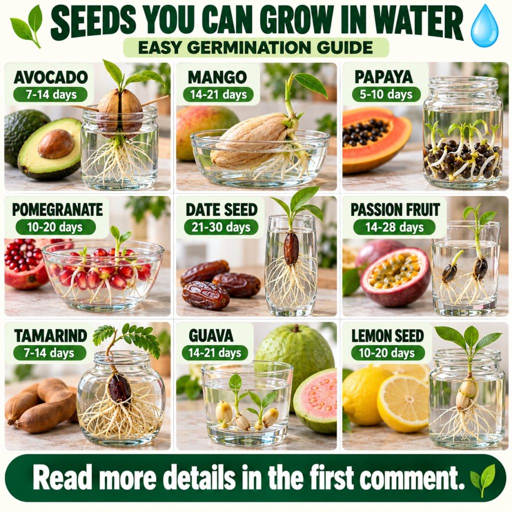 A grid graphic showcasing nine different types of seeds Avocado Mango Papaya Lemon Lychee Date Dragon Fruit Kiwi Passion
