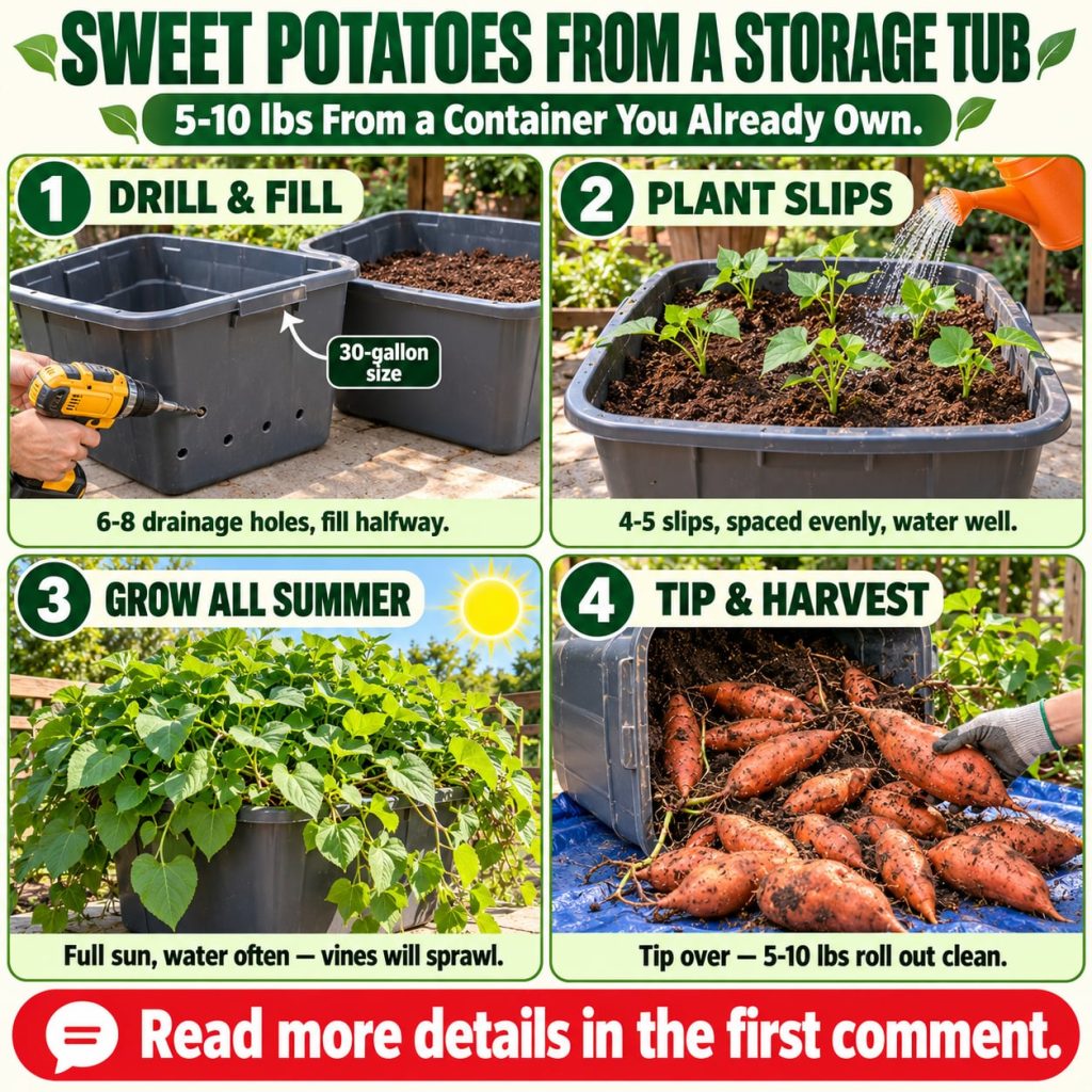 A step-by-step infographic showing how to grow sweet potatoes in a storage tub with four distinct panels 1 DRILL FILL 2