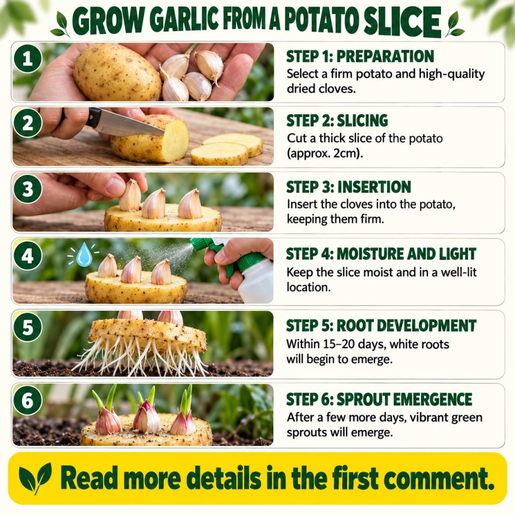 A vertical infographic showing six step-by-step panels on how to grow garlic from a potato slice with clear photos and t