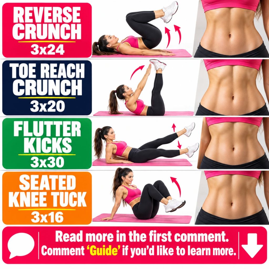 A brightly colored instructional fitness graphic showing four core exercises Reverse Crunch Toe Reach Crunch Flutter Kic