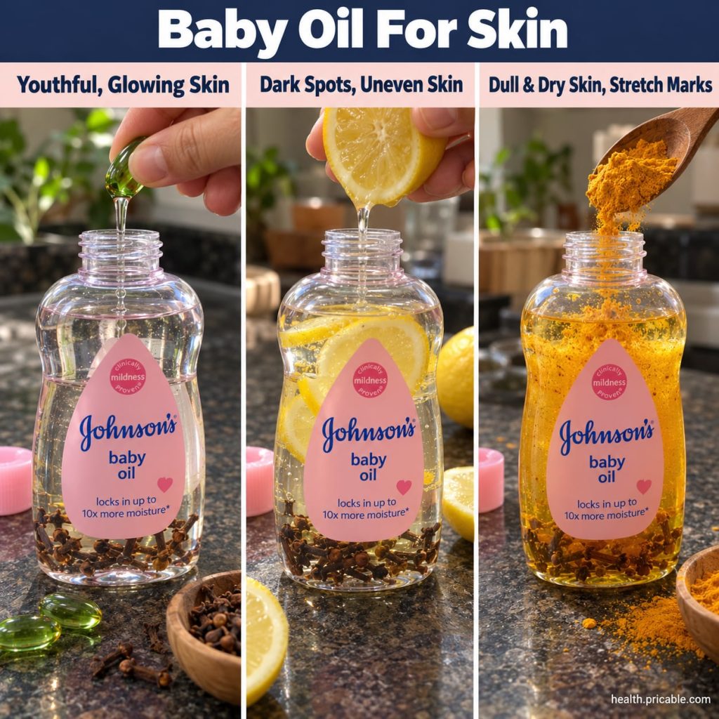 A small glass bottle filled with a golden oil blend with a dropper next to a bottle of Johnson s Baby Oil and a few smal
