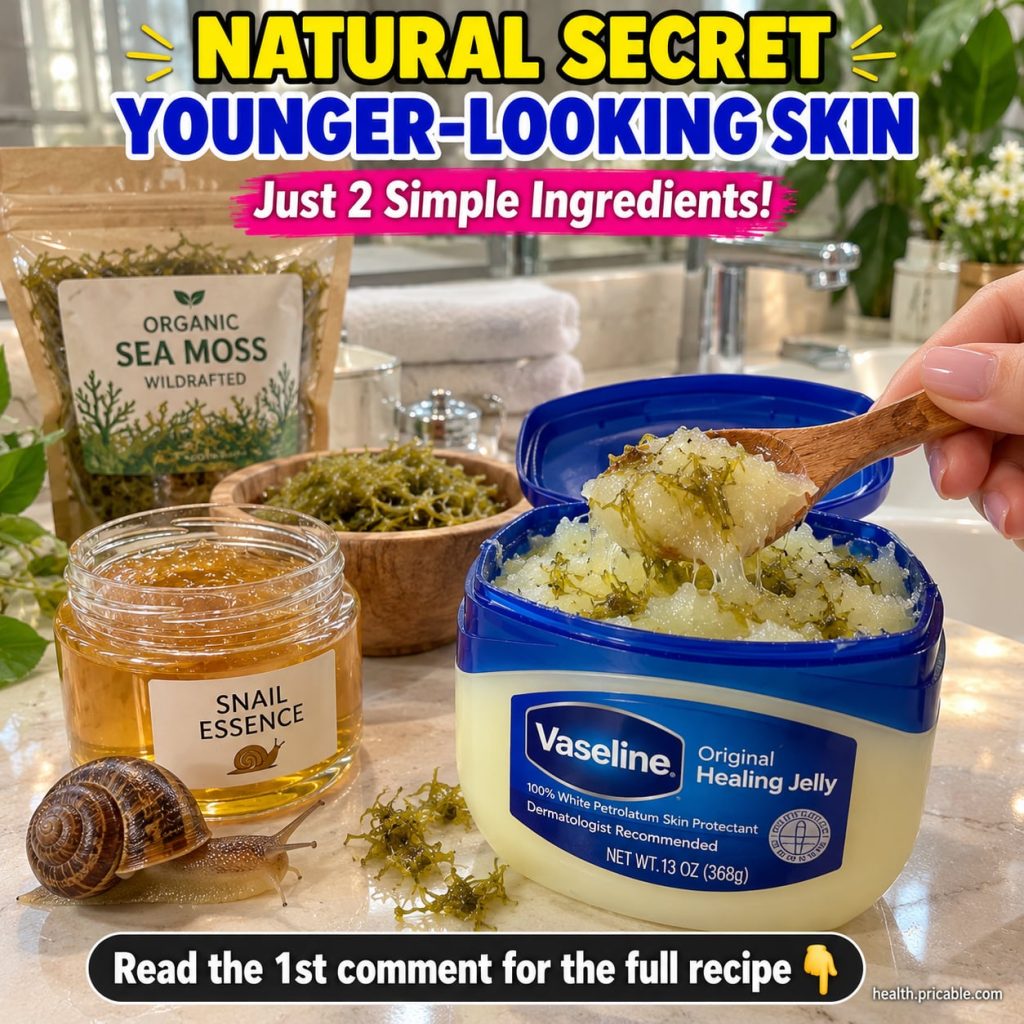 Ingredients for a DIY Vaseline Sea Moss and Snail Essence mix laid out on a clean light surface Show a small jar of Vase