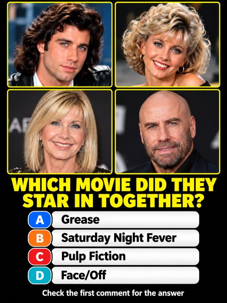 John Travolta as Danny Zuko and Olivia Newton-John as Sandy Olsson in a scene from the movie Grease wearing their iconic