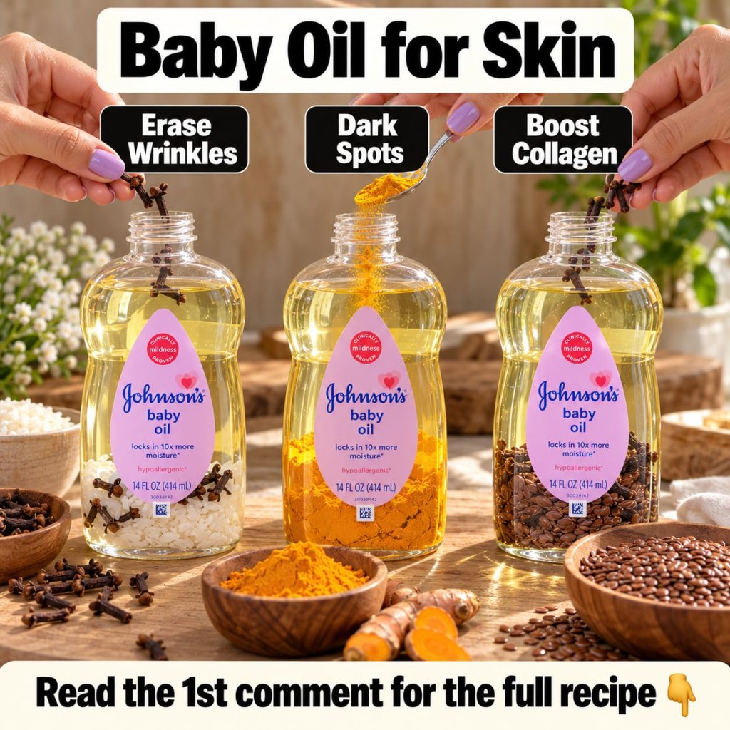 A bottle of baby oil next to a woman s hand applying it gently to her face implying adult use for skincare benefits