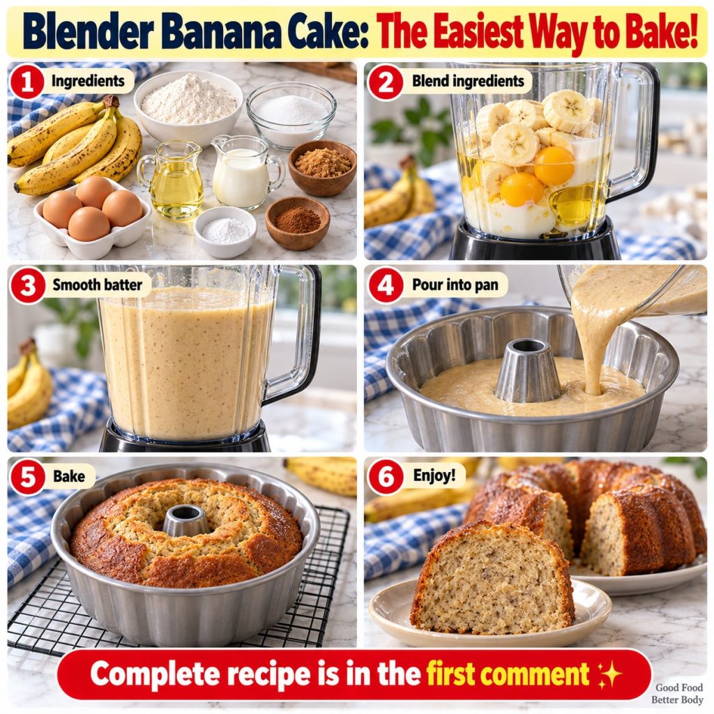 A slice of moist banana cake with a light glaze surrounded by whole ripe bananas and a blender in the background set on 