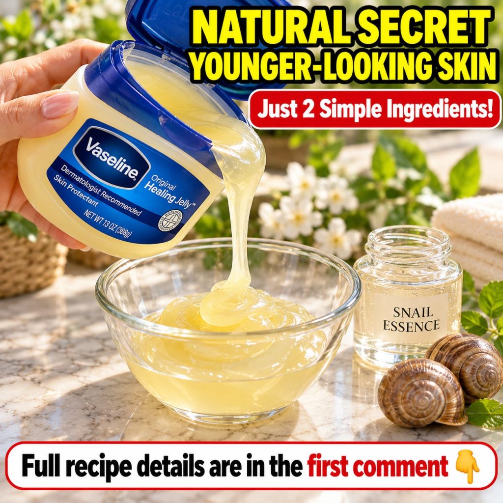 A small jar of Vaseline and a bottle of snail essence next to each other on a clean white surface perhaps with a small a