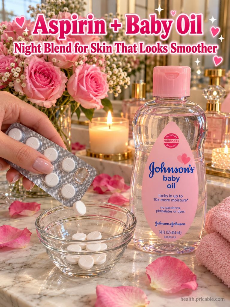 A close-up of a hand crushing aspirin tablets into a fine powder in a small bowl with a bottle of baby oil nearby