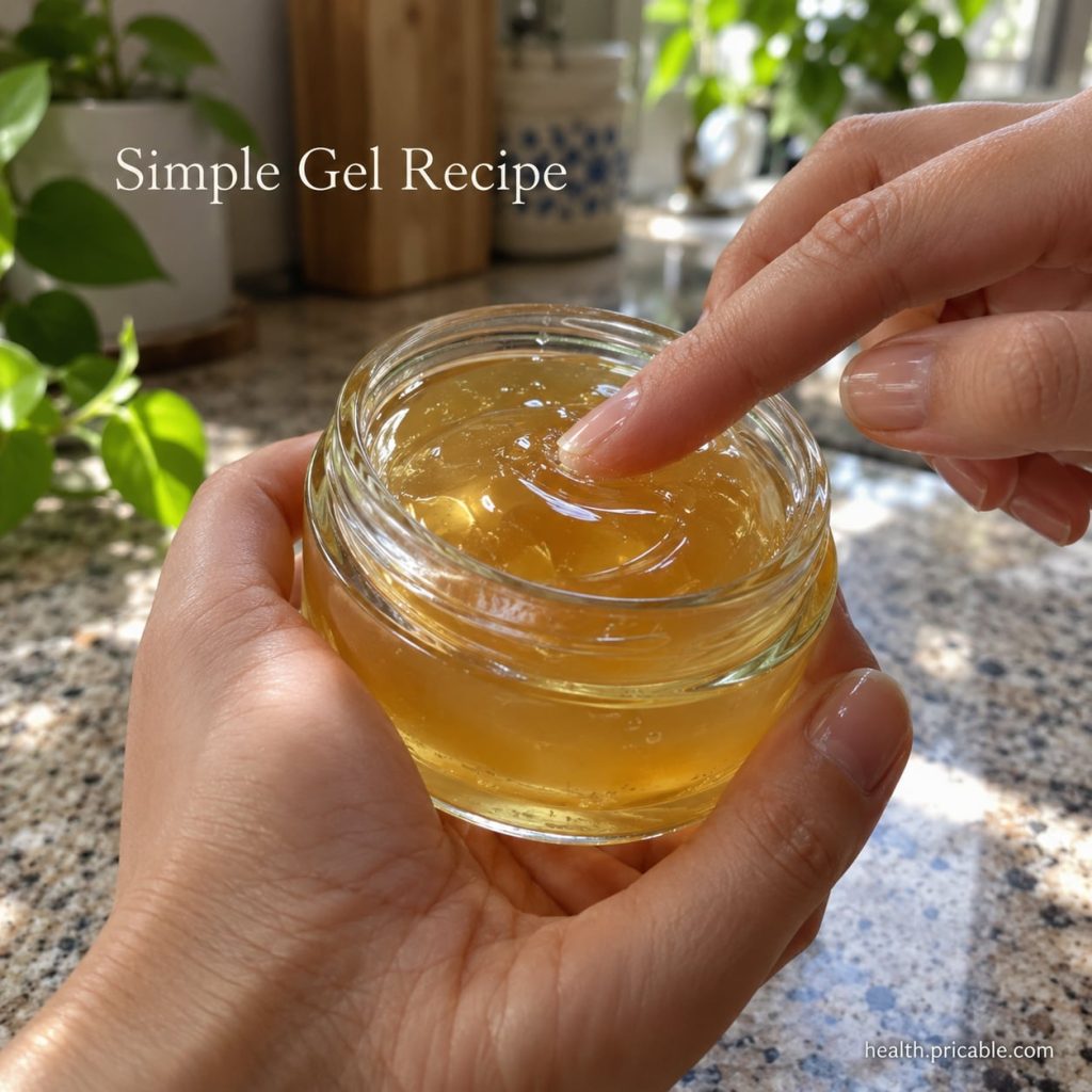 A woman gently applying a clear homemade gel to her face looking refreshed and radiant Her hand is delicately touching h