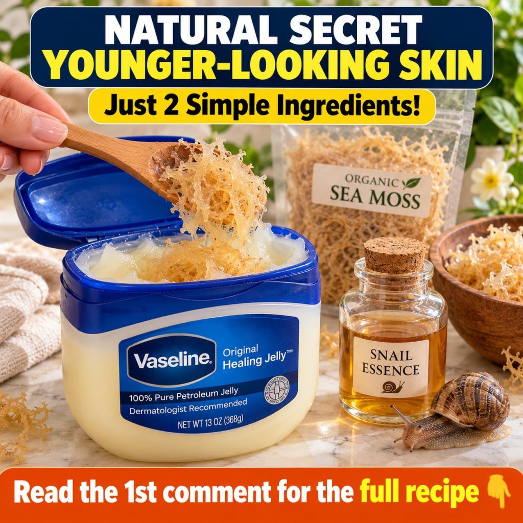 A small jar of Vaseline next to a bottle of snail essence and a pile of dried sea moss on a clean light-colored surface