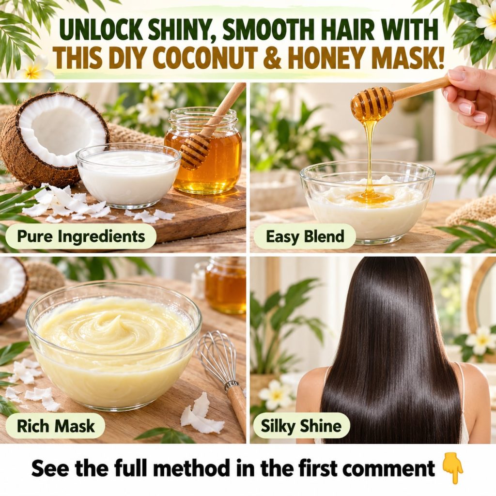 A creamy golden-colored DIY hair mask mixture in a small bowl with a wooden spoon showcasing coconut oil and honey being