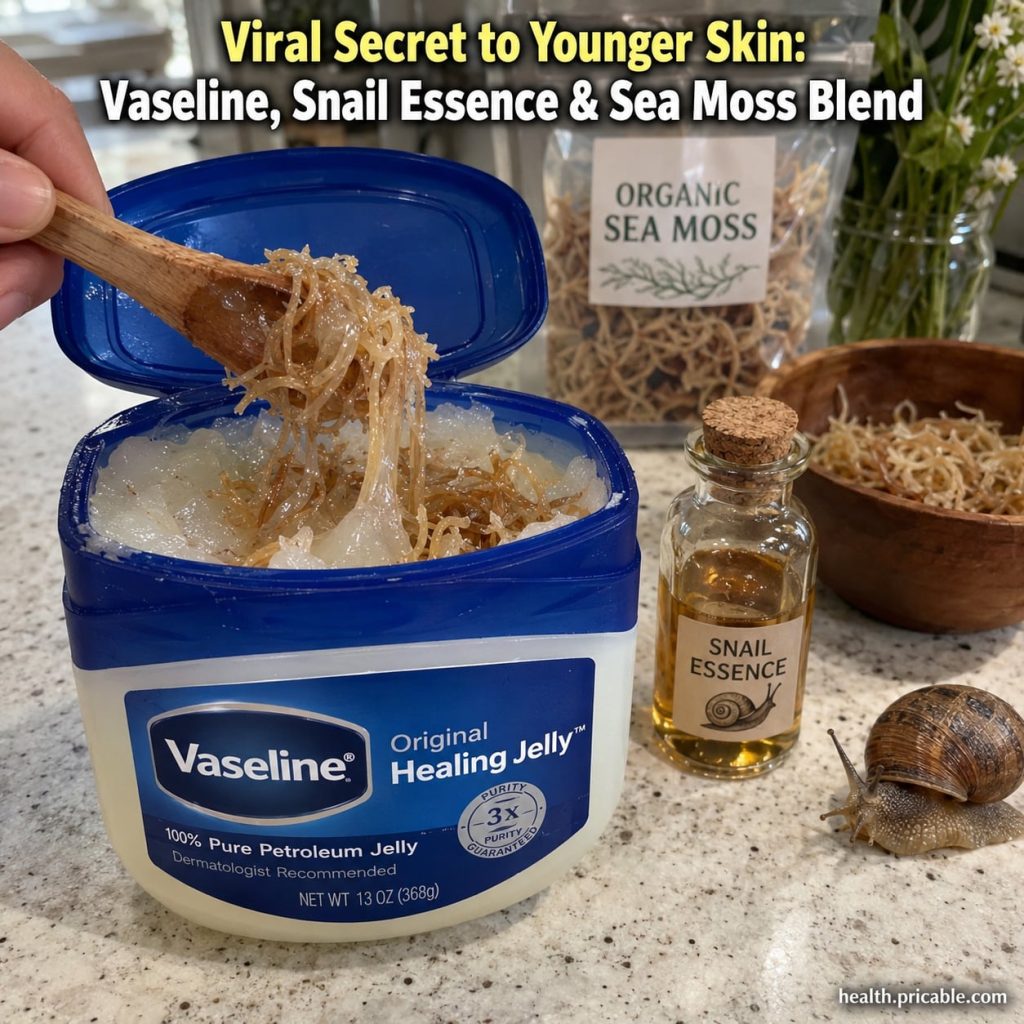 Three small containers of Vaseline snail essence and sea moss gel arranged on a clean light surface ready to be mixed