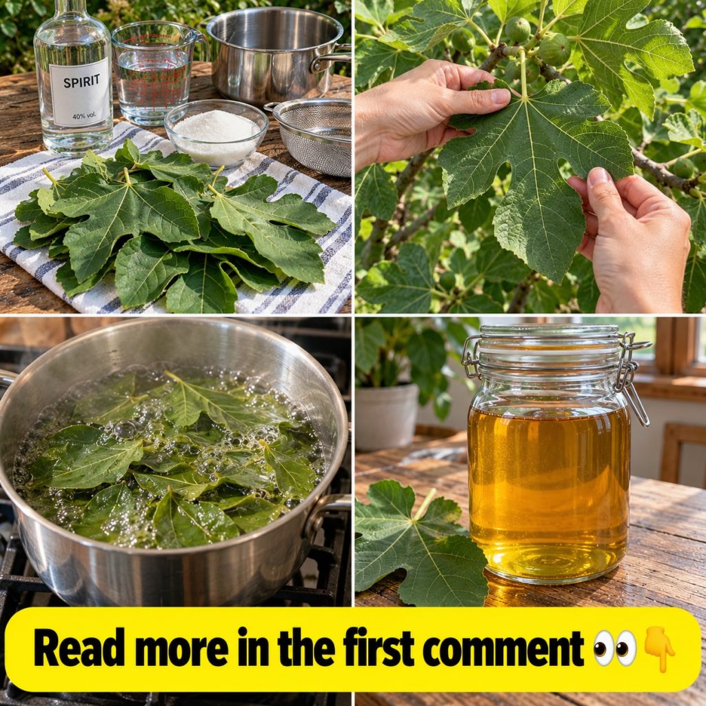 A close-up shot of fresh vibrant green fig leaves arranged artfully with a bottle of clear gin or vodka in the backgroun