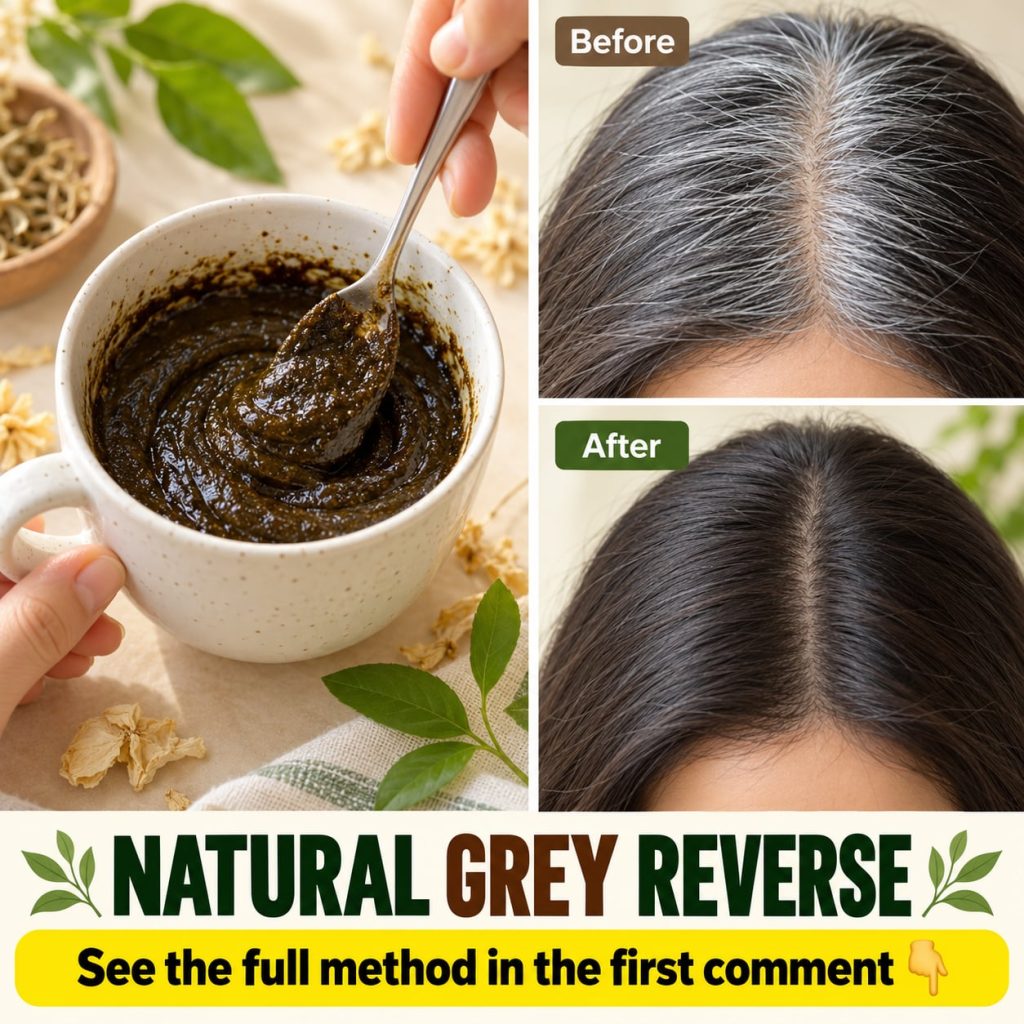 A social media post promoting a natural remedy for white hair with text Learn More and an enticing visual of natural ing