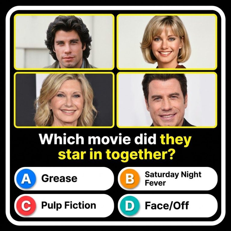 John Travolta and Olivia Newton-John in their iconic Grease roles smiling and dancing together Travolta as Danny Zuko in