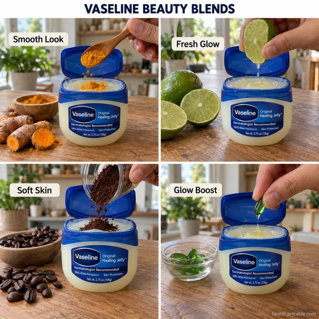 A jar of Vaseline with small bowls of almond oil and fine sugar next to it set against a clean bright background represe