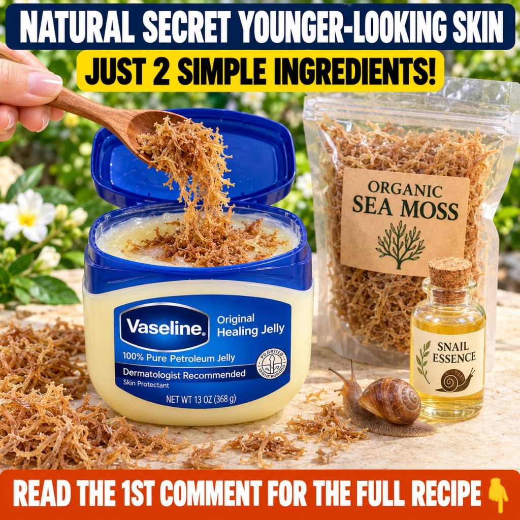 A small glass jar of green sea moss gel next to a blue and white tub of Vaseline with a clear focus on the two products
