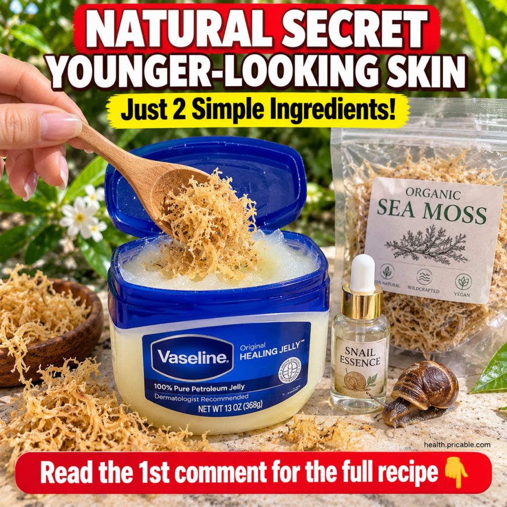A close-up of a small clear jar of petroleum jelly Vaseline next to a clump of natural sea moss with a small bowl contai