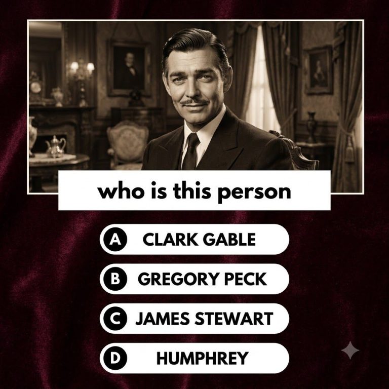 A vertical quiz card featuring a black and white portrait of a classic Hollywood legend subtly obscured or framed for a 