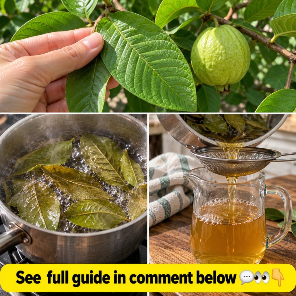 A vibrant green cluster of fresh guava leaves on a branch with a blurred guava fruit in the background symbolizing the o