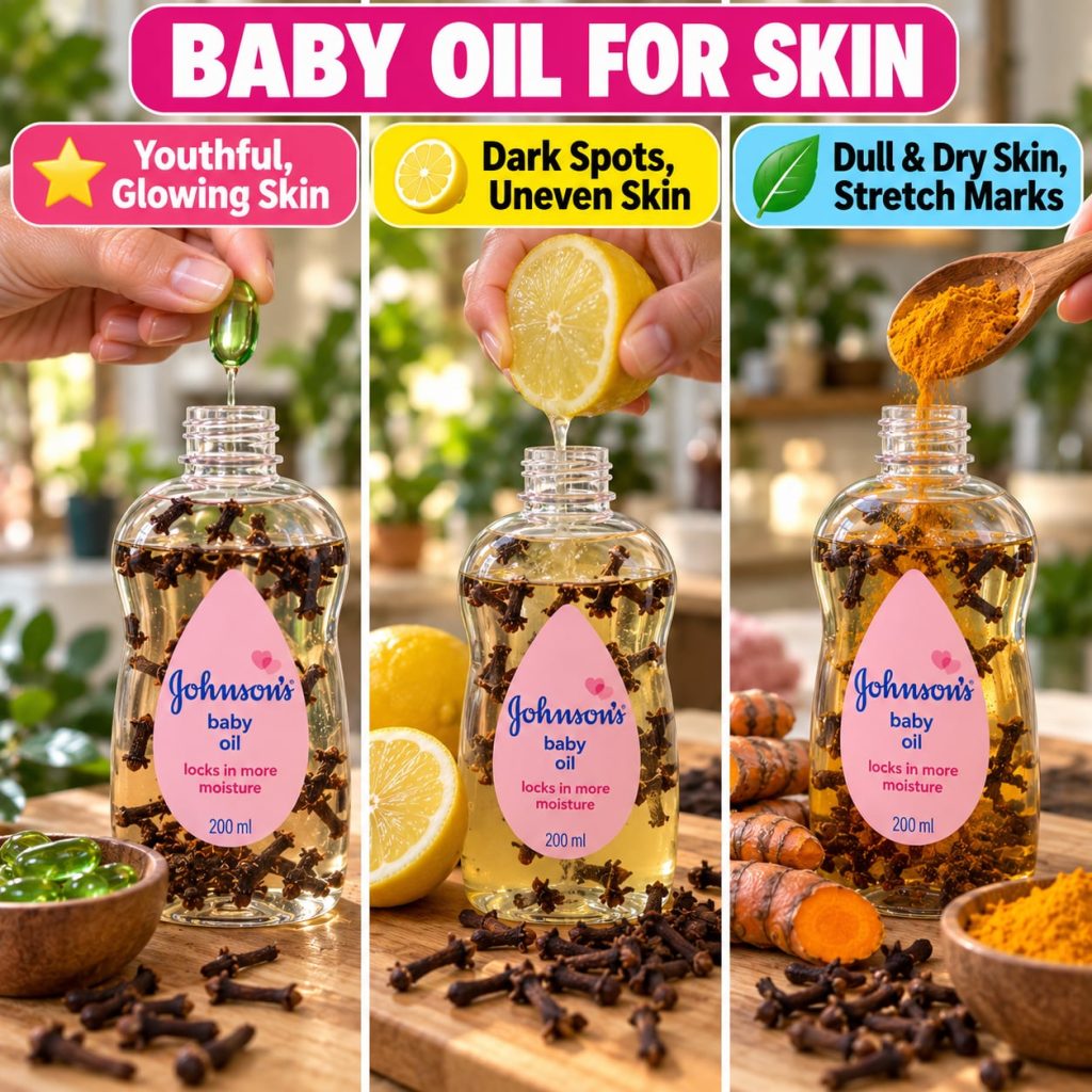 A bottle of Johnson s Baby Oil next to small bowls of lemon slices turmeric powder and vitamin E capsules on a clean lig