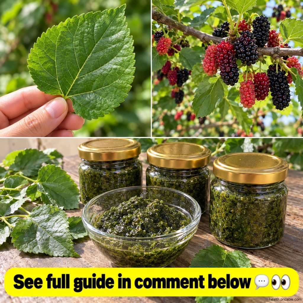 Fresh mulberry leaves being blended with a small amount of water to create a smooth green paste