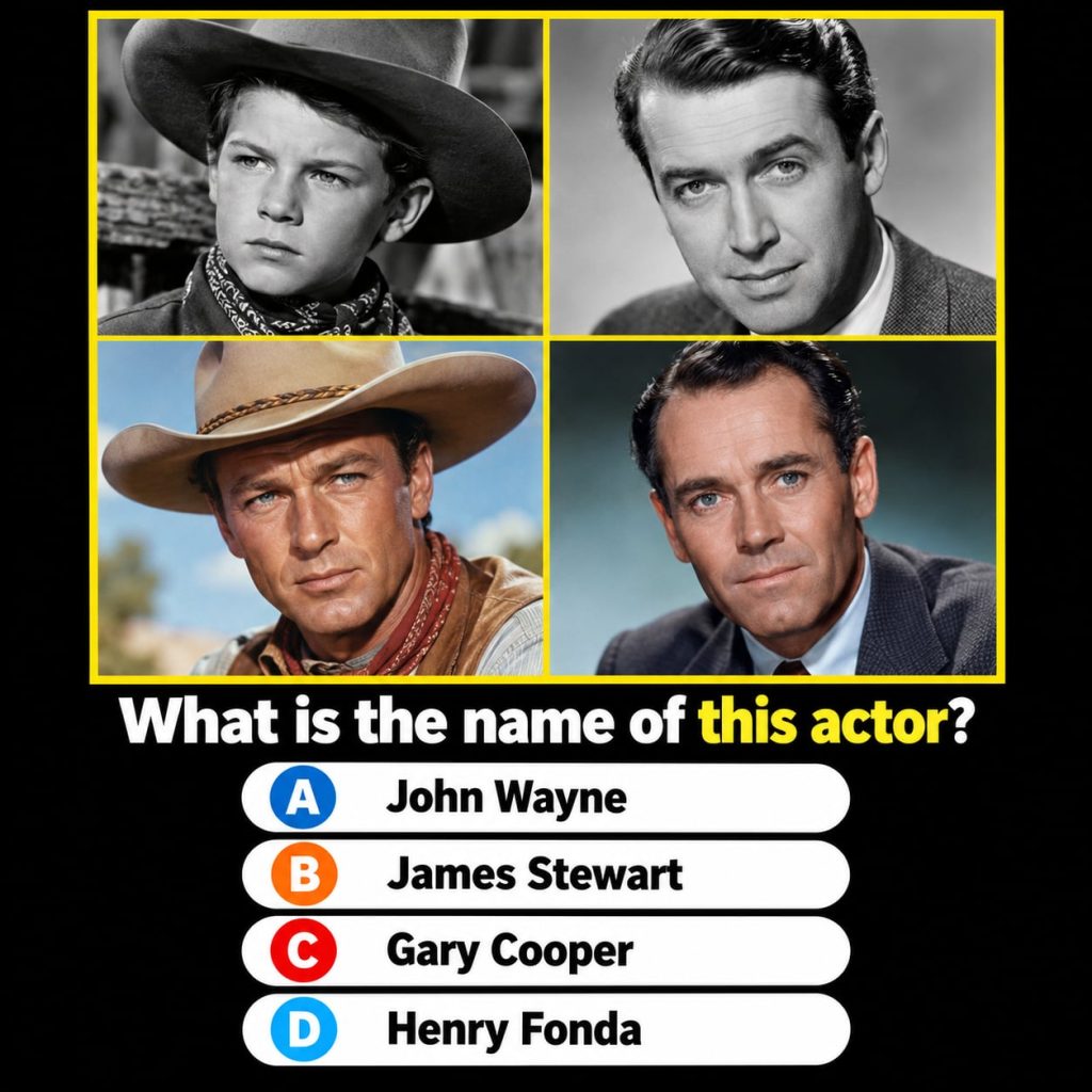 A black and white image of a classic Hollywood actor Gary Cooper in a Guess Who quiz format with a question overlay